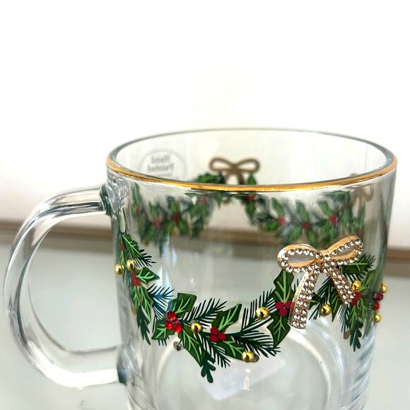 Hand Painted & Jeweled Thick Glass Mug Set of 2 Coquette Christmas Holly & Bows - Picture 7 of 16